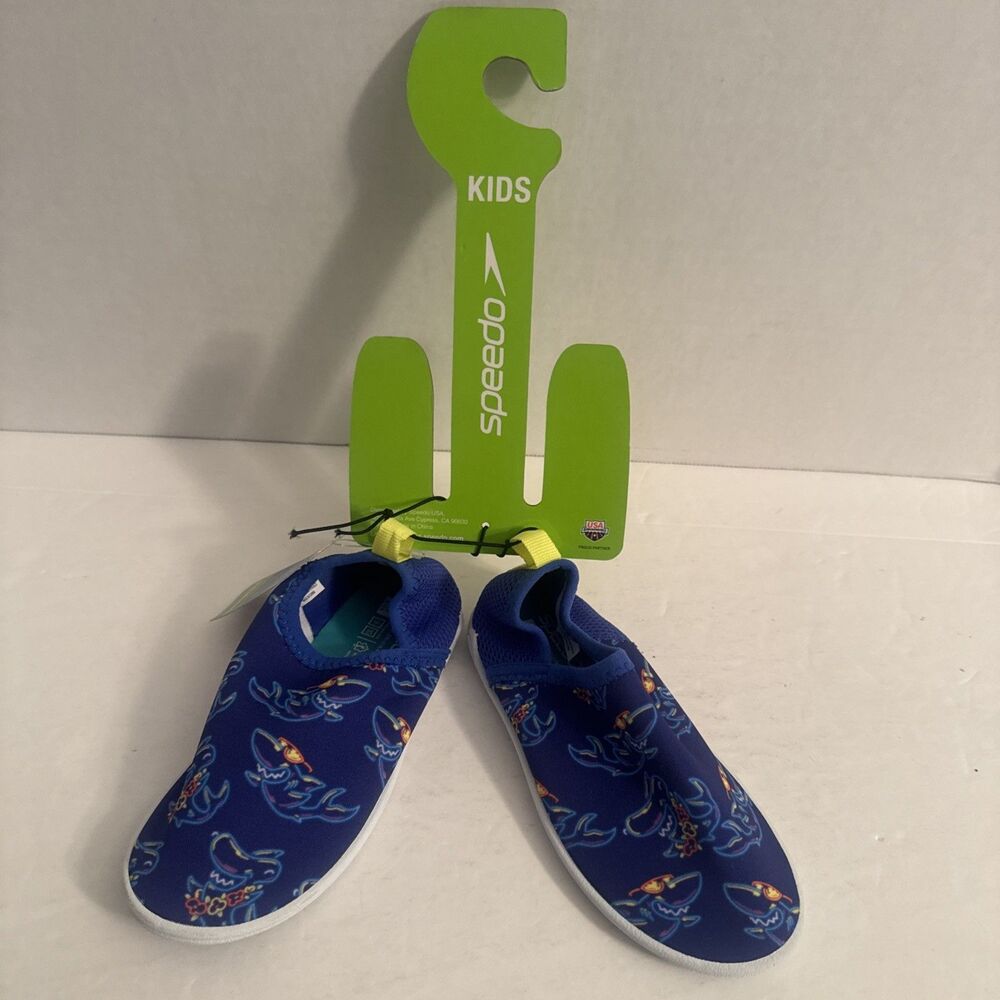 NWT Speedo Little Boys Large 9 10 Aqua socks Water Shoes Blue Sharks Rubber Sole